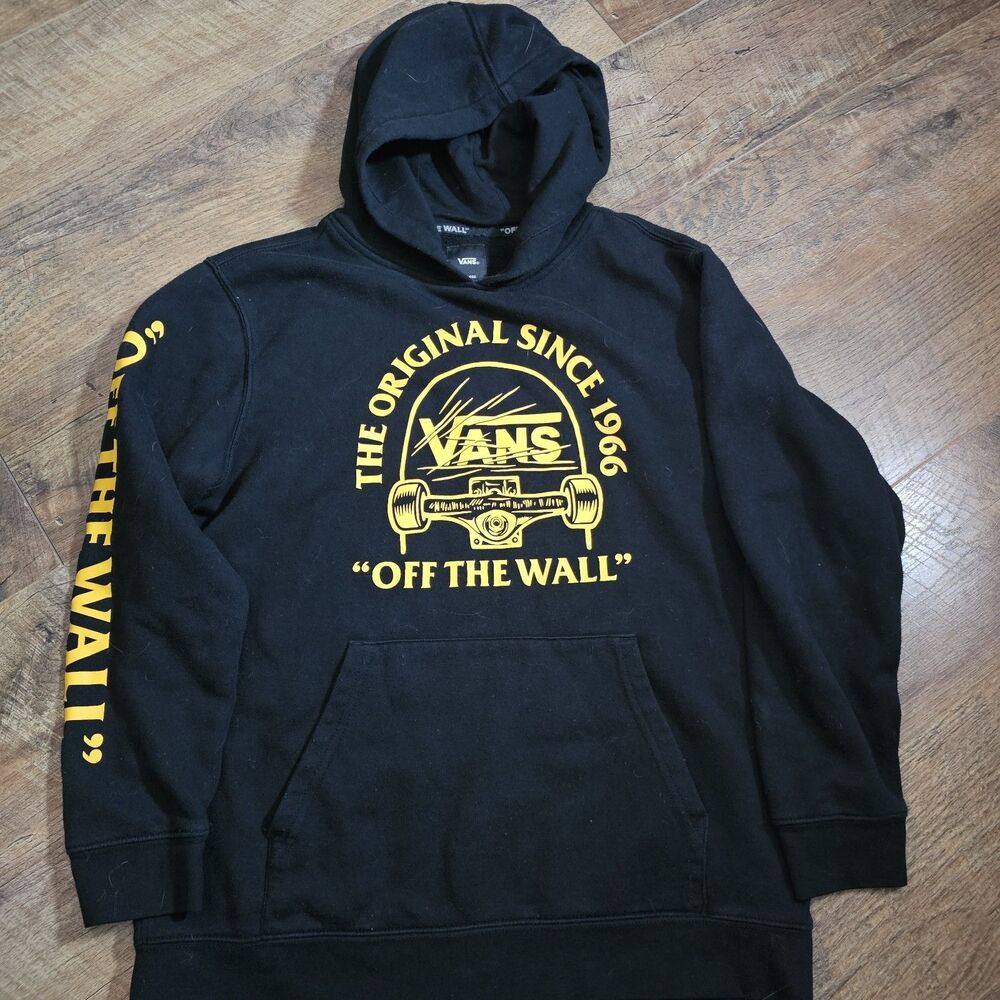Vans Off The Wall Hoodie XL Black Yellow Skate Pullover Sweatshirt Original